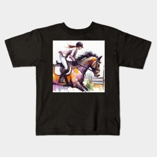 Artistic illustration of equestrian rider jumping a gate Kids T-Shirt